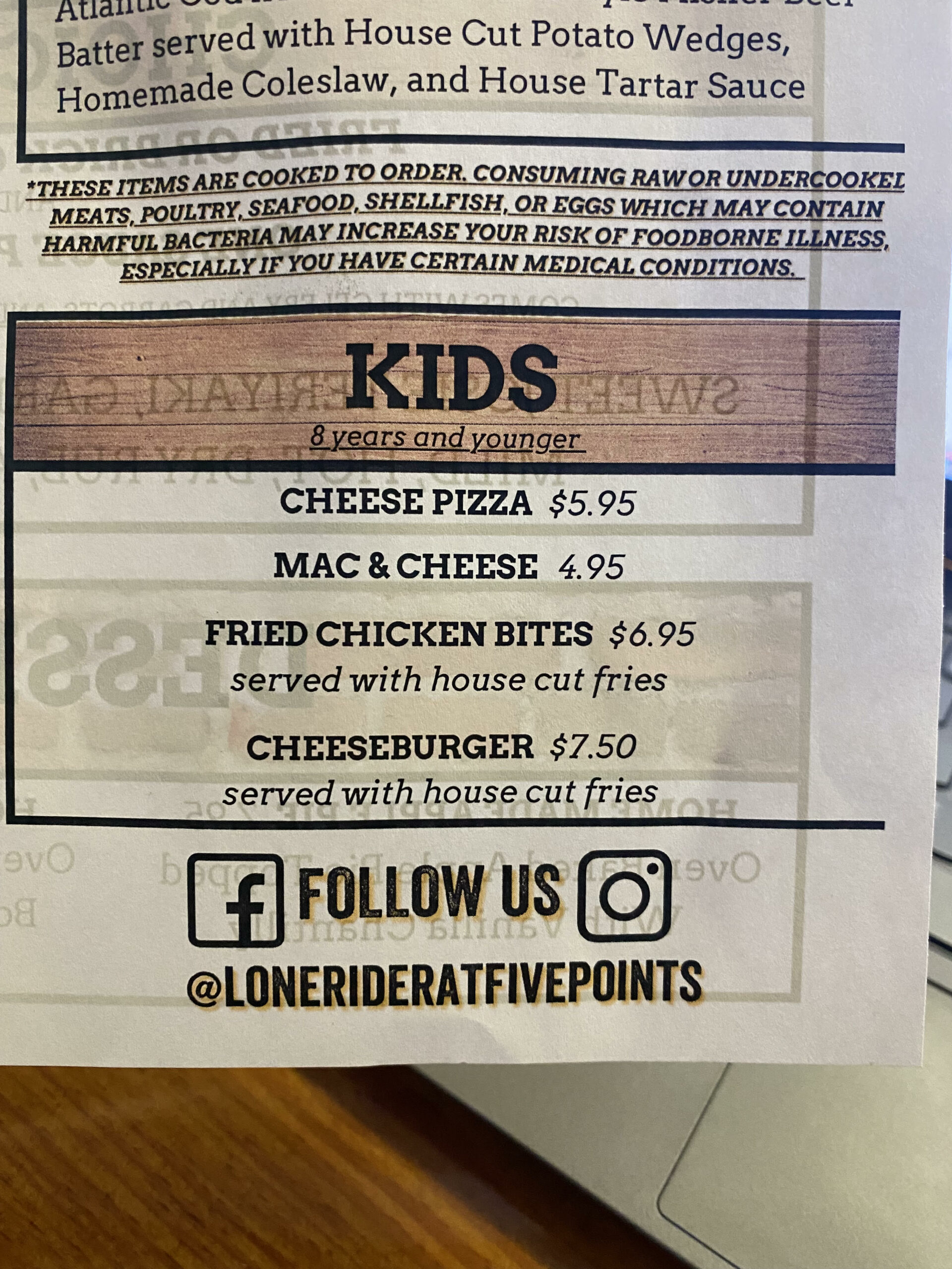 Kids Menu at Lonerider